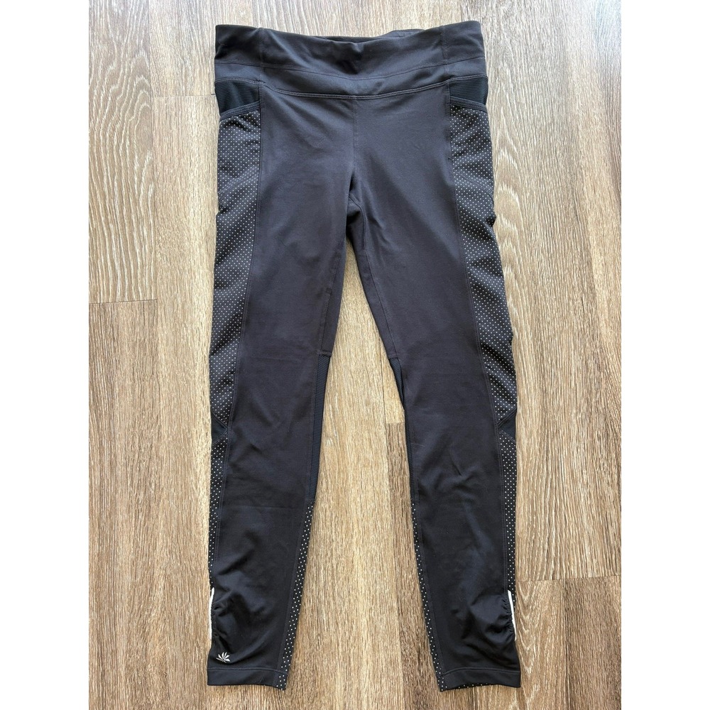Athleta Black Leggings Polka Dot Mesh Panels Running Tight Capri Crop Womens med